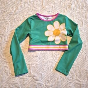 Mini Boden girls size 5-6 years green & pink, white long sleeve rash guard EUC